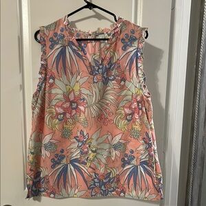 Talbots Floral Print Sleeveless Blouse - Coral and Blue